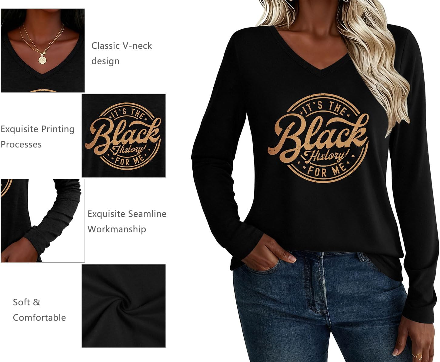 Black History Shirt Women: Black History Month Tees African American Tops Casual V-Neck Long Sleeve Shirts - Image 6