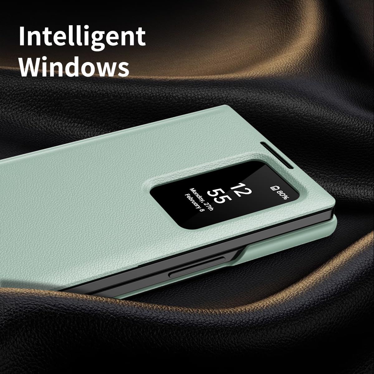 COQUE Etui do Galaxy Z Fold 5 Shell, Smart Window automatyczna sekretarka etui na telefon z 1 miejscem na karty, ekskluzywne skórzane etui ochronne do Samsung Galaxy Z Fold 5 5G zielone