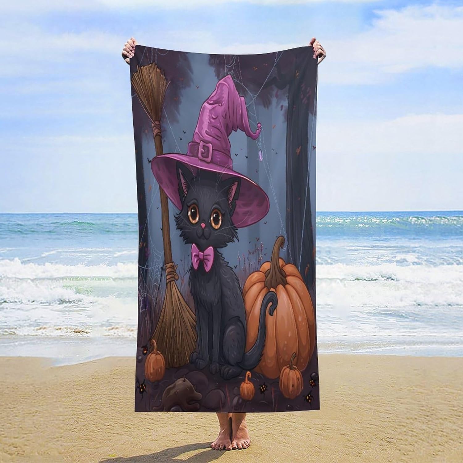 Halloween Cat Pumpkin Lantern Bath Towel Beach Towels Quick Dry Oversized Bath Blanket Highly Absorbent Towel for Women Men 160x80cm