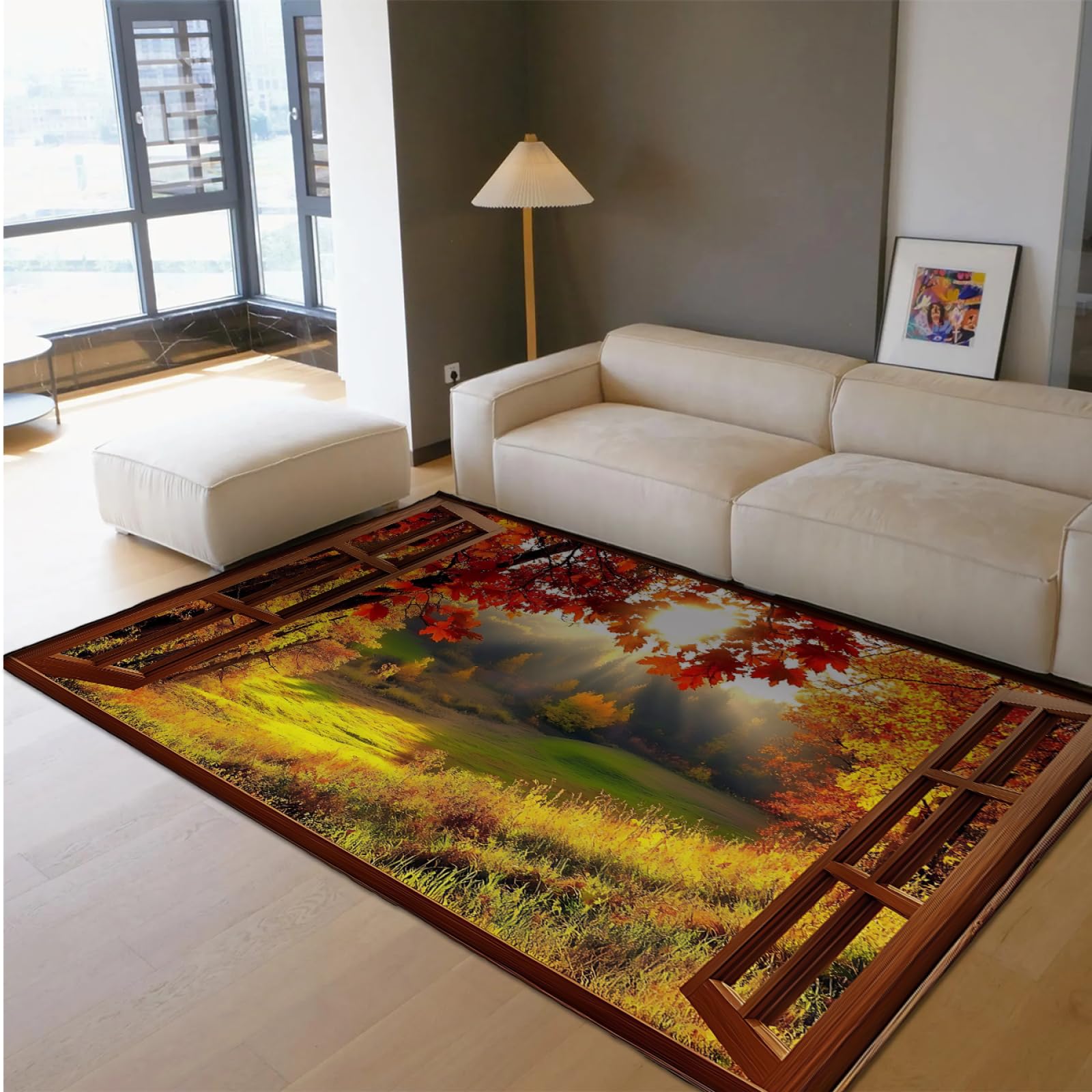Tapis fin motif automne soleil forêt 90x120cm pour patio et canapé