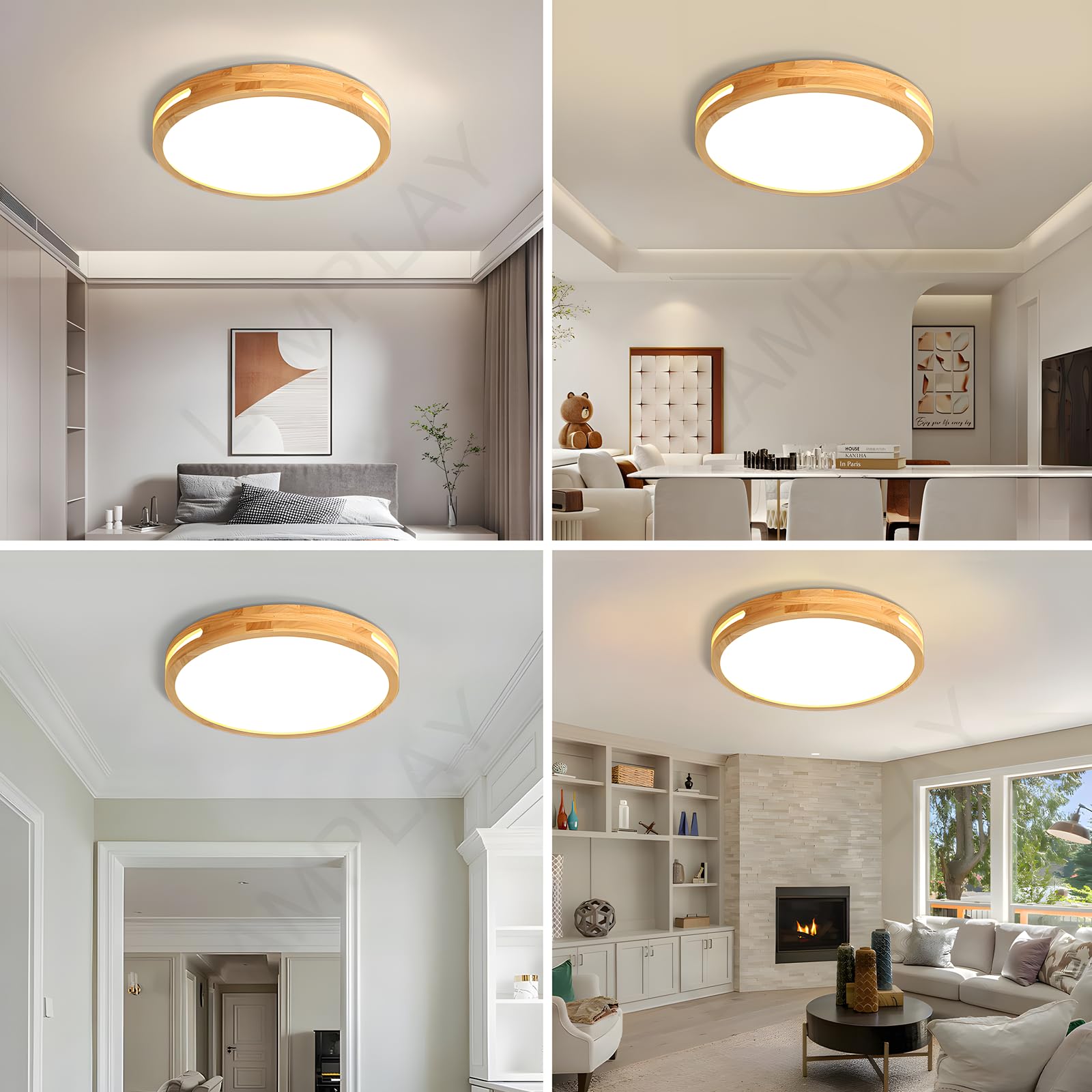 Lámpara De Techo Redonda De Madera, Ø40cm, Lámpara LED Regulable, Madera Natural Original, Control Remoto, 3000K-6000K, 30W, Diseño Hueco Lateral, Ideal Para Dormitorio Sala De Estar Estudio