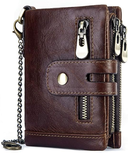 Mens Wallet with Chain RFID Blocking Men's Genuine Leather Wallet Bifold Wallet with Credit Card Holder and Zipper Coin Pocket Purse,Coffee