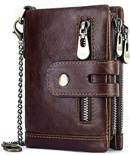 Men's Wallet with Chain Real Leather RFID Blocking Wallet, Bifold Wallet with Credit Card Holder and Zipper Coin Pocket Purse, Coffee, Minimalist, coffe, Minimalist