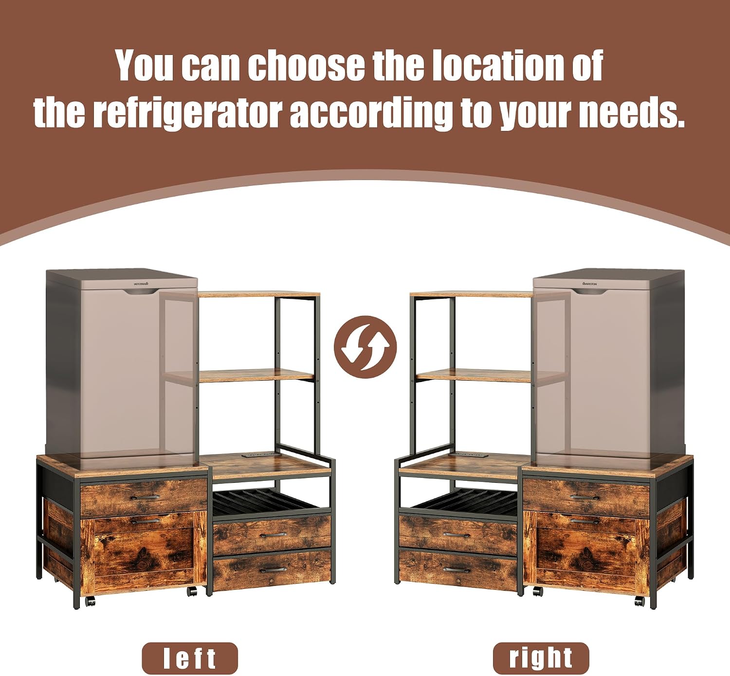 Herture Mini Fridge Stand with Wine Rack, Kitchen Bakers Rack with Power Outlet, Microwave Oven Stand, Coffee Bar, Movable Drawers, for Dorm,Office, Brown HB04BXN