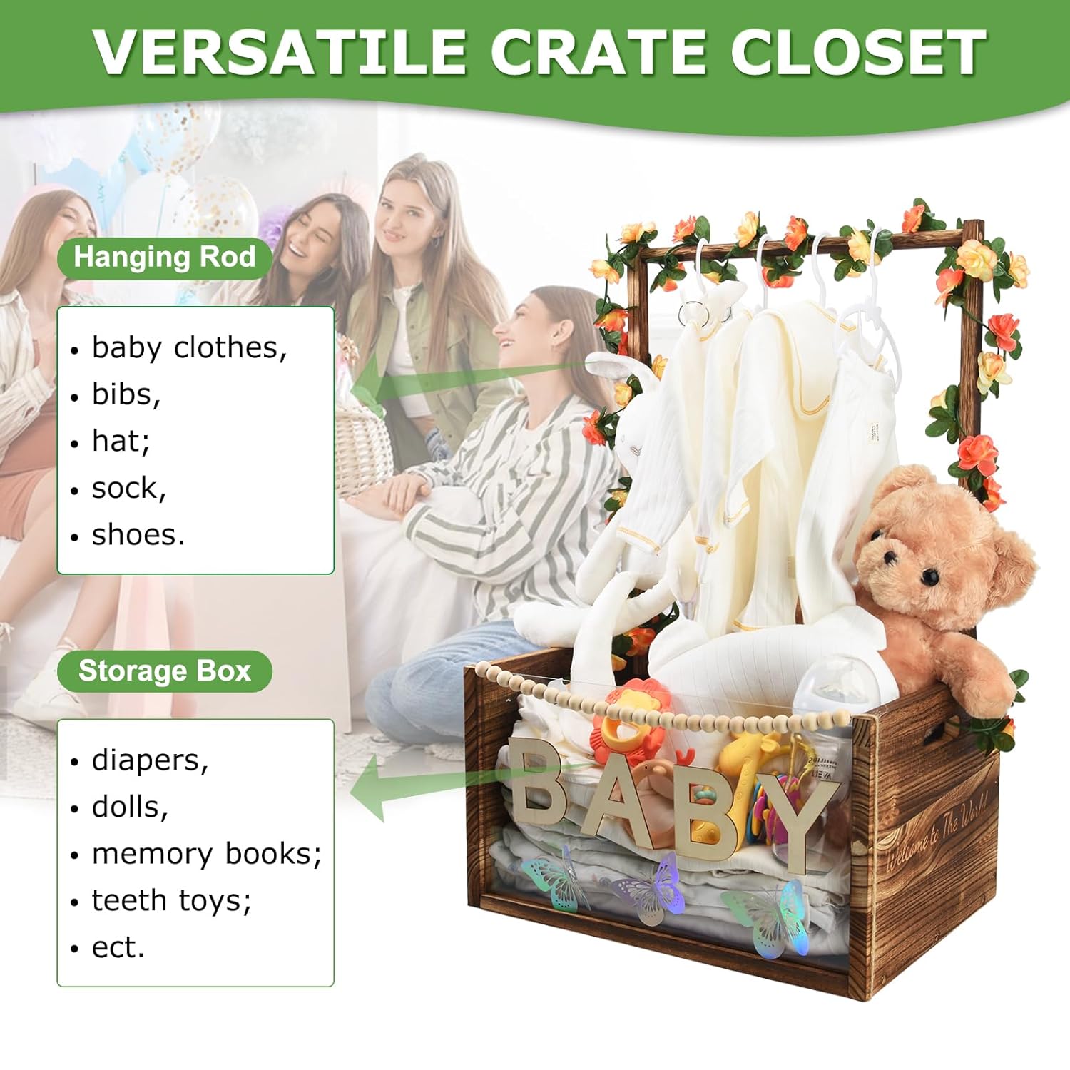 PIIOSER Baby Shower Crate Closet, Multifunctional Wooden & Acrylic Visible Baby Storage Box with Handle, Newborn Welcome Baby Toy Baskets for Boys Girls, Pregnancy Gifts for New Moms (Brown)