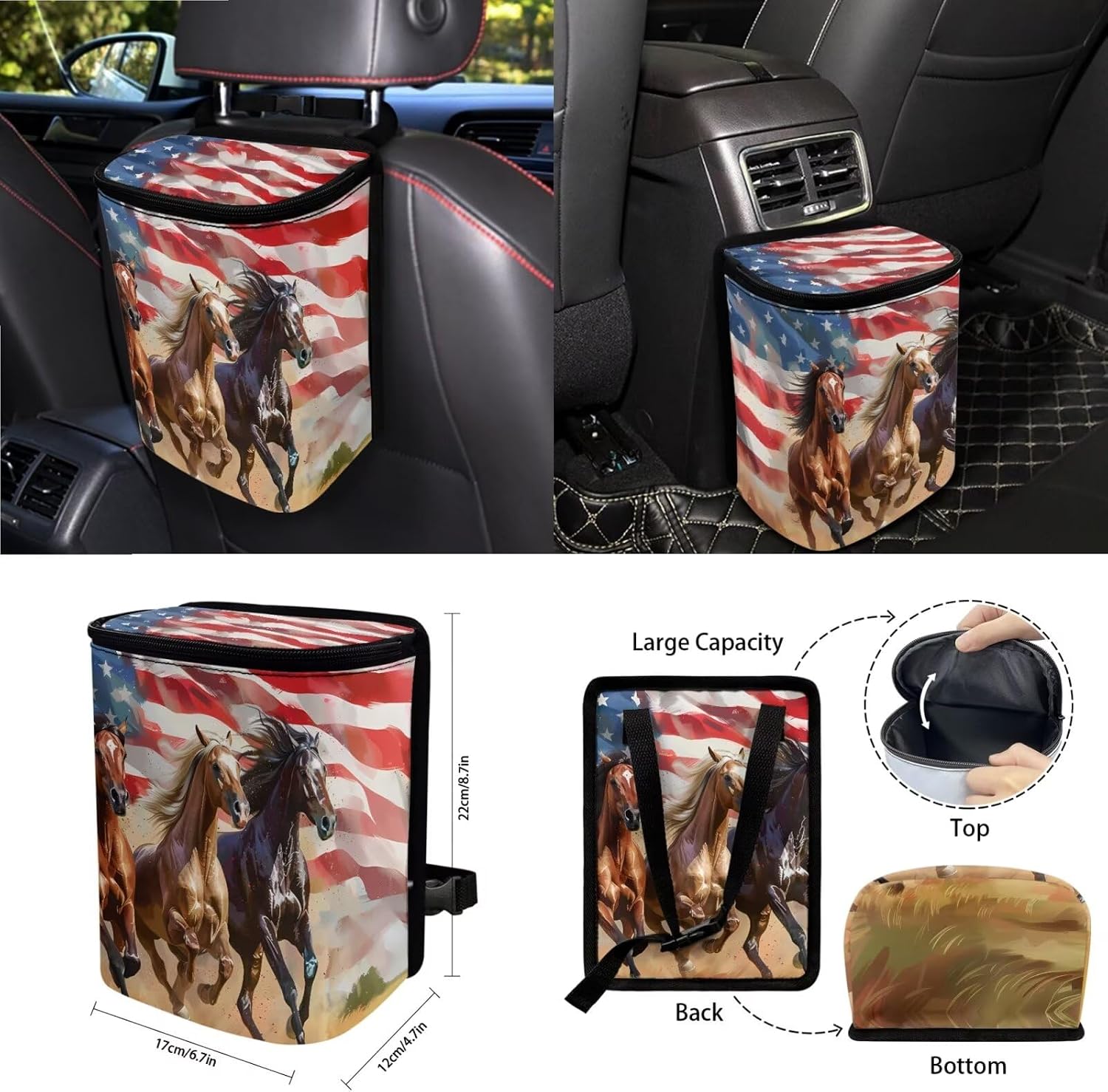 Horse American Flag Print Full Set with Front Back Seats Steering Wheel Covers, Trash Can, Air Vent Bag, Auto Seat Belt Pads, Mirror Cover, Cup Holder Coaster for Women Men