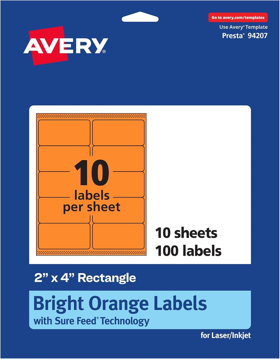 Avery Printable Rectangle Labels, Sure Feed Technology, 2" x 4", Bright Orange Labels, Laser/Inkjet Printable, 100 Total, Great for Mailing and Candles