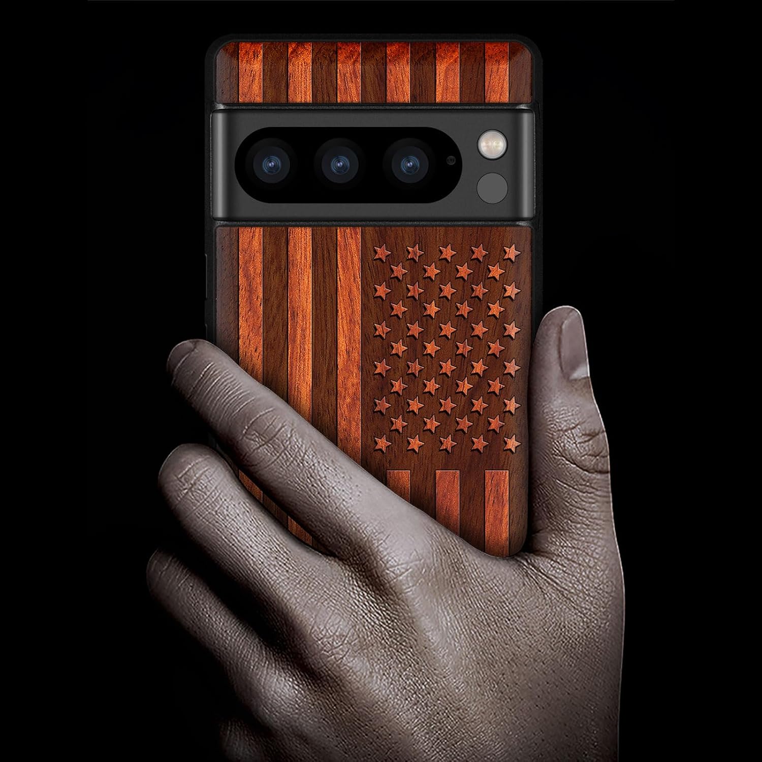 Carveit Wood Case for Pixel 8 Pro Case [Natural Wood & Black Soft TPU] Shockproof Protective Unique Wooden Cover Compatible with Google Pixel 8 Pro (American Flag-Rosy)