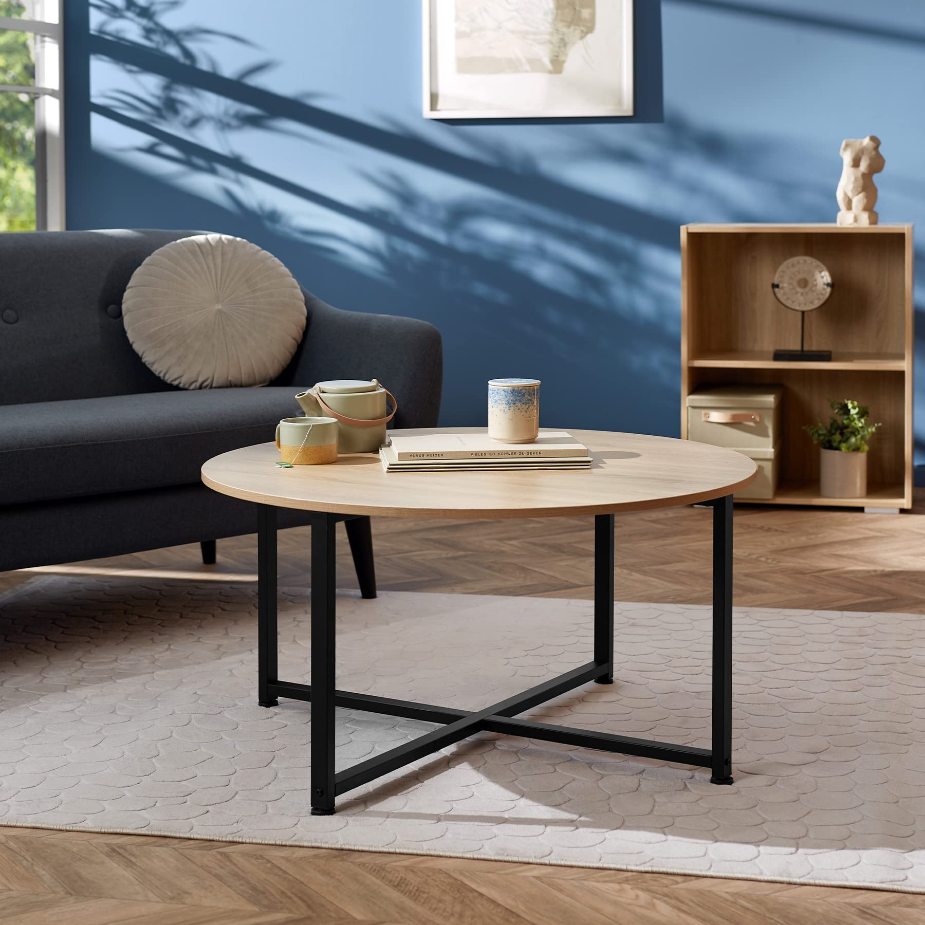tectake® Couchtisch rund Holz und Metall, Beistelltisch rund, runder Tisch Wohnzimmer, Sofatisch, Wohnzimmertisch, Coffee Table Ø 88,5 cm, einfache Montage - Industrial Holz dunkel, rustikal