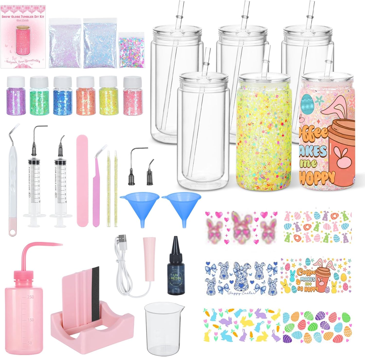 6 Pack 16 Oz Easter Themed Acrylic Snow Globe Tumbler DIY Starter Kit, Double Wall Plastic Pre-Drilled Snowglobe Tumbler Supplies Craft Tool Set, Including Uv Dtf Wrap