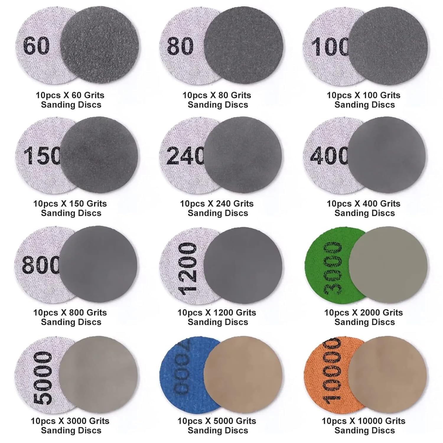 120Pcs/Set 2 Inch Sanding Disc Wet Dry Hook Loop Sandpaper 60-10000 Grits with Backer Plate