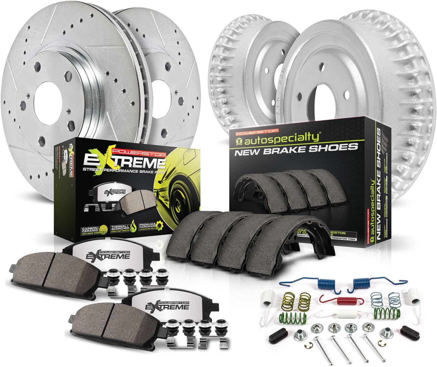 POWERSTOP Front and Rear Z26 Carbon-Fiber Ceramic Brake Pads, Drilled Slotted Rotors Brake Kit with Brake Shoes and Drums For Nissan Sentra 2013-2019 [Vehicle Specific]