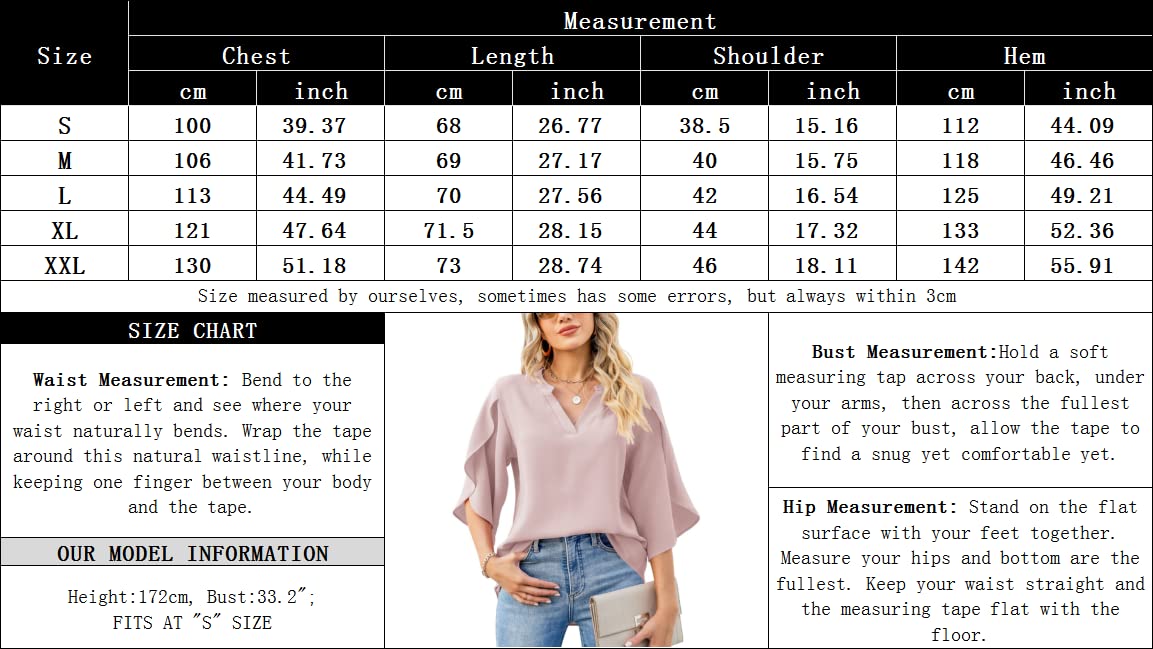 LUYAA Blusa casual de gasa para mujer, manga 3/4 con volantes, cuello en V, ajuste holgado, White Red-flower, Large
