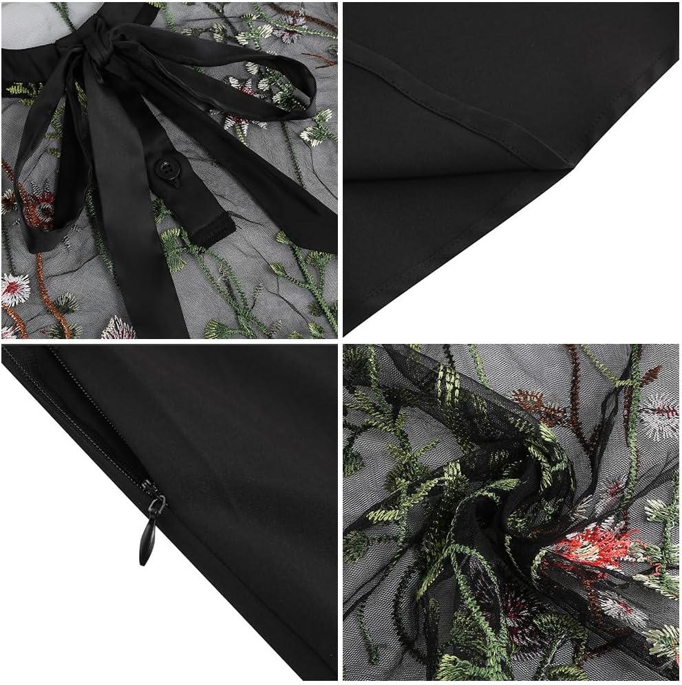 Women's Mesh Floral Embroidery Dress Vintage Bell Sleeve Gothic Embroidered Bowknot Swing Dresses for Cocktail Prom Halloween