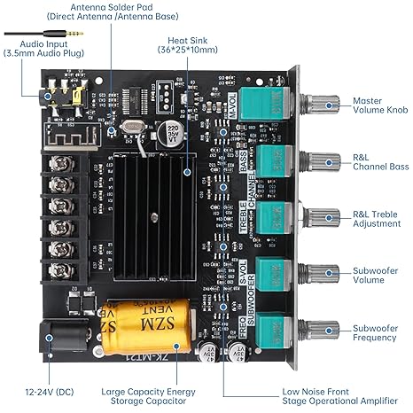 Bluetooth Power Amplifier Board with Subwoofer 2.1 Channel 50W x 2+100W DC 12V-24V Audio Power Amplifier Module for DIY Bluetooth Audio and Store Home Theater with Treble and Bass Control