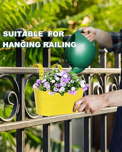 Miniatura 5 de Maceta de barandilla de metal para plantas de exterior, paquete de 3 macetas colgantes para balcón con ganchos desmontables y agujeros de drenaje,