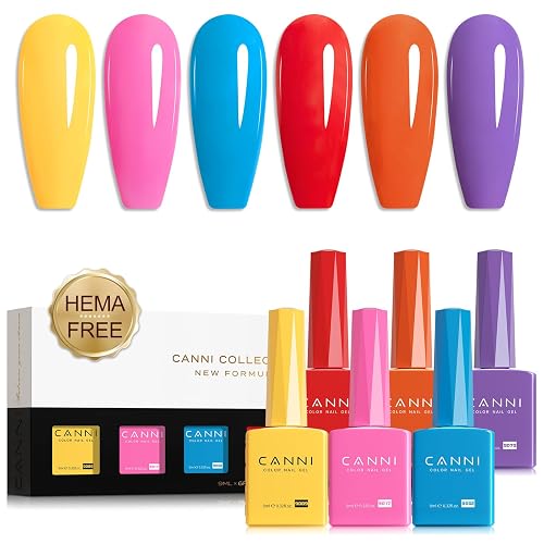 CANNI Gel Nail Polish Set – Bright Rainbow Summer 6 Colors 9ML (Red, Pink, Yellow, Blue, Orange,Purple), High Gloss Soak Off UV LED Nail Gel for Summer DIY Manicure - Summer Color Set
