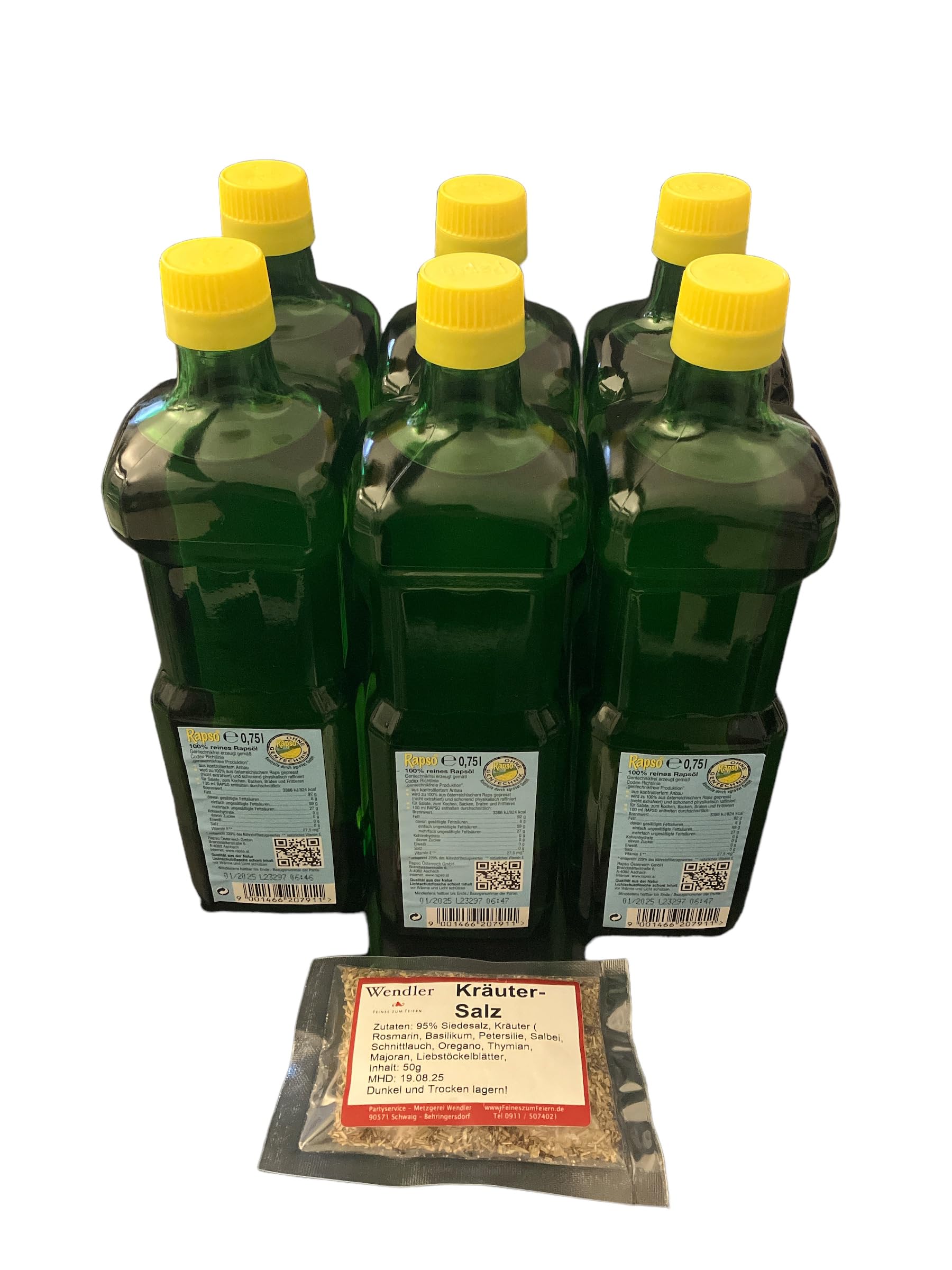 Rapso 100% reines Rapsöl 750 ml, 6er Pack (6 x 750 ml = 4,5 Liter) und 50g Wendlers Kräutersalz