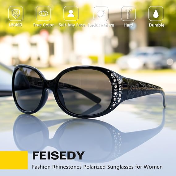 FEISEDY Women's Polarized Sunglasses Wrap Around Rhinestone Design Fashion Sunnies UV400 Protection B1091