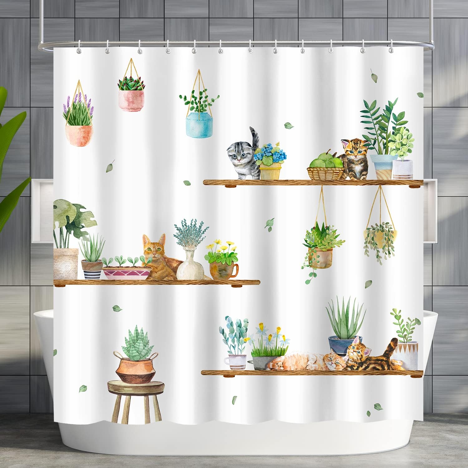 CutebriCase Hanging Potted Plants Cat Shower Curtain, Bracket Plant Kitty Shower Curtain for Bathroom with 12 Hooks, Polyester Fabric Waterproof Shower Curtain Sets Machine Washable Bath Curtain