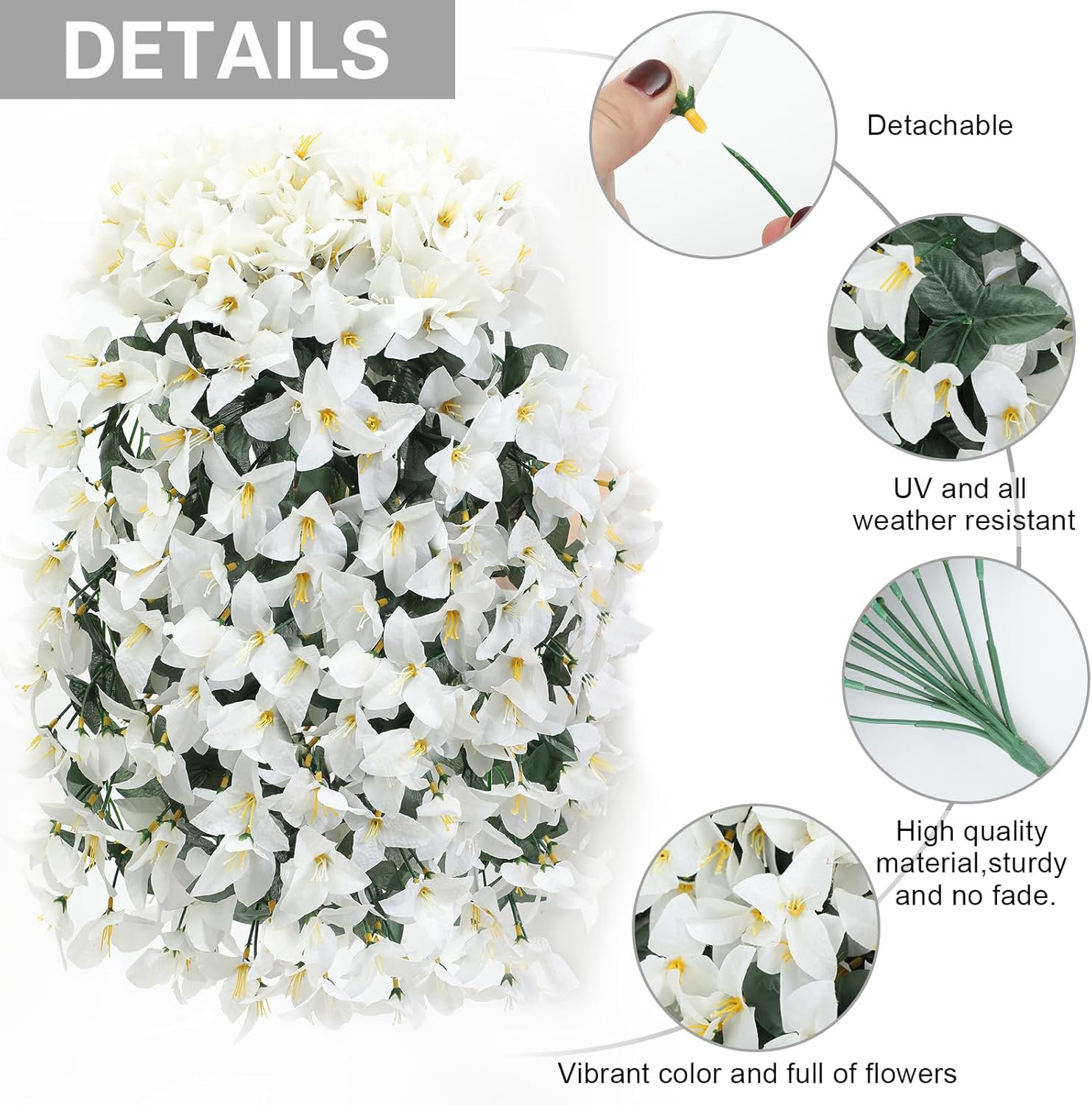 Bougainvillea Artificial Flowers for Outdoor Outside Fake Plants Decorations, 2 PCS Faux Silk Long Trailing Vines UV Resistant White Fake Flowers for Front Door Porch Planter Urn Patio