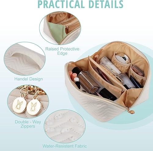 Miniatura 10 de Bolsa de maquillaje para cosméticos, bolsa de maquillaje de viaje de gran capacidad para mujeres con bolsa portátil abierta plana resistente al agua