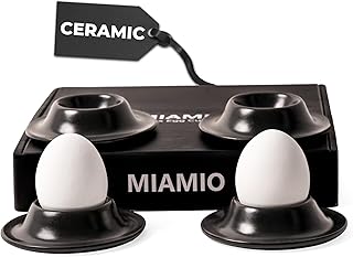 MIAMIO – Ceramic Egg Cups 4-Piece Set (Black) | Egg Cups 4-Piece Ceramic Set, Stoneware Egg Holder with Tray for Eggshells or Spoon - Dishwasher Safe