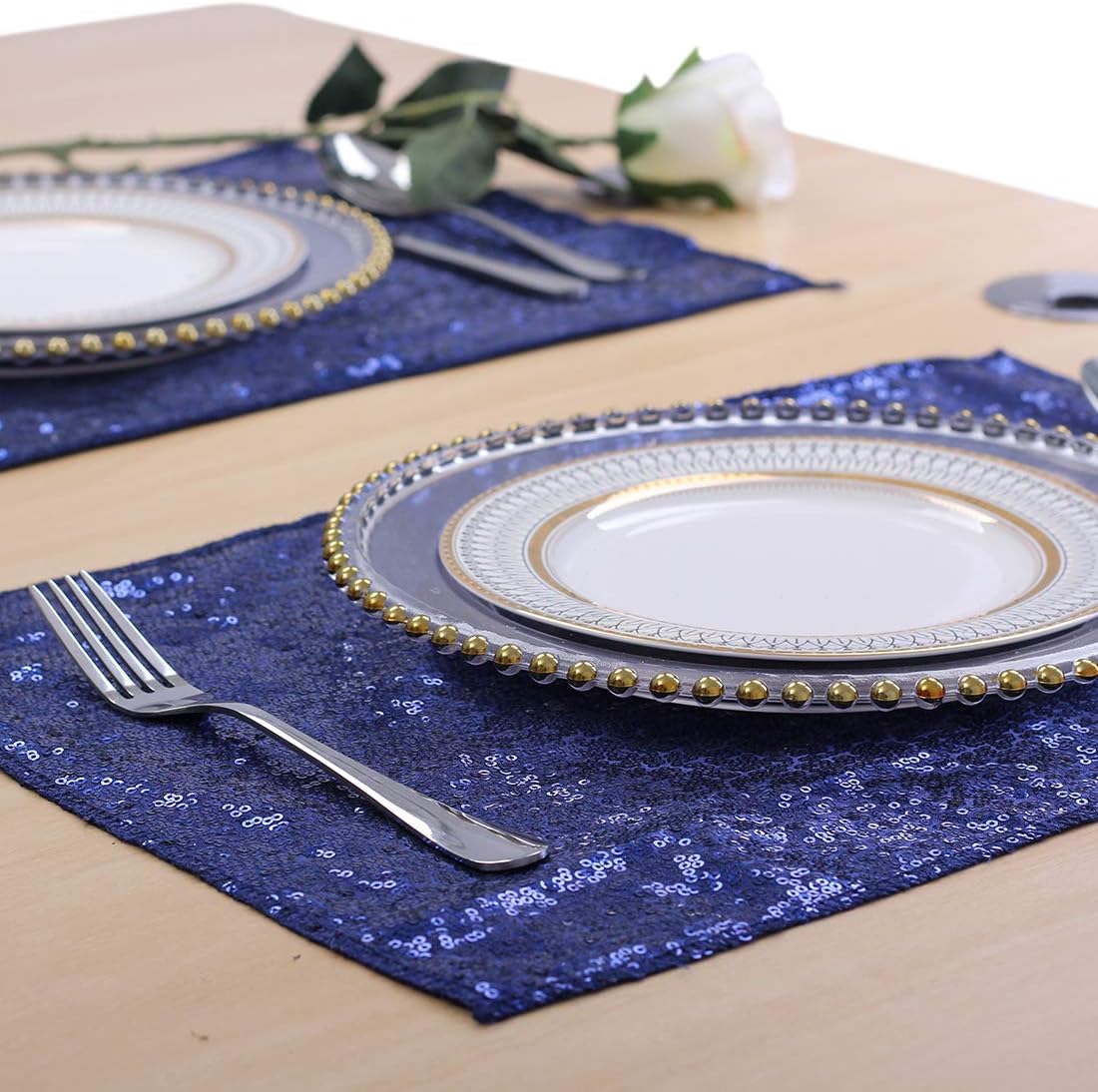 Sequin Placemats Set of 6, Heat-Resistant Dining Table Mats, Stain-Resistant Kitchen Table Placemats, Elegant Sparkle Placemat for Party Wedding Accent Centerpiece Decoration(Navy Blue, 18" x 12")