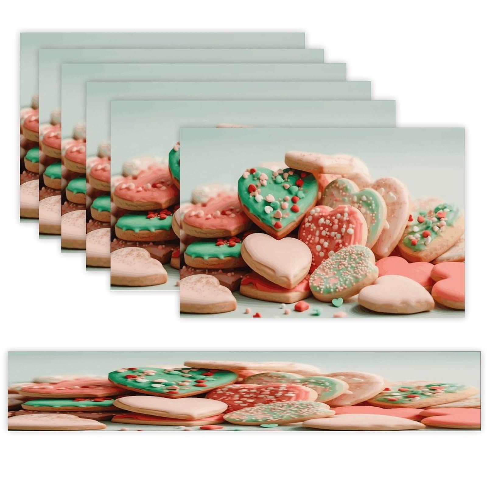 Many Food Table Runner and Placemats Set of 6 for Kitchen Washable Table Mats Heat Resistant Place Mats Non-Slip Place Mat Wipeable Placemat(6 Placemats+1 Table Runner)