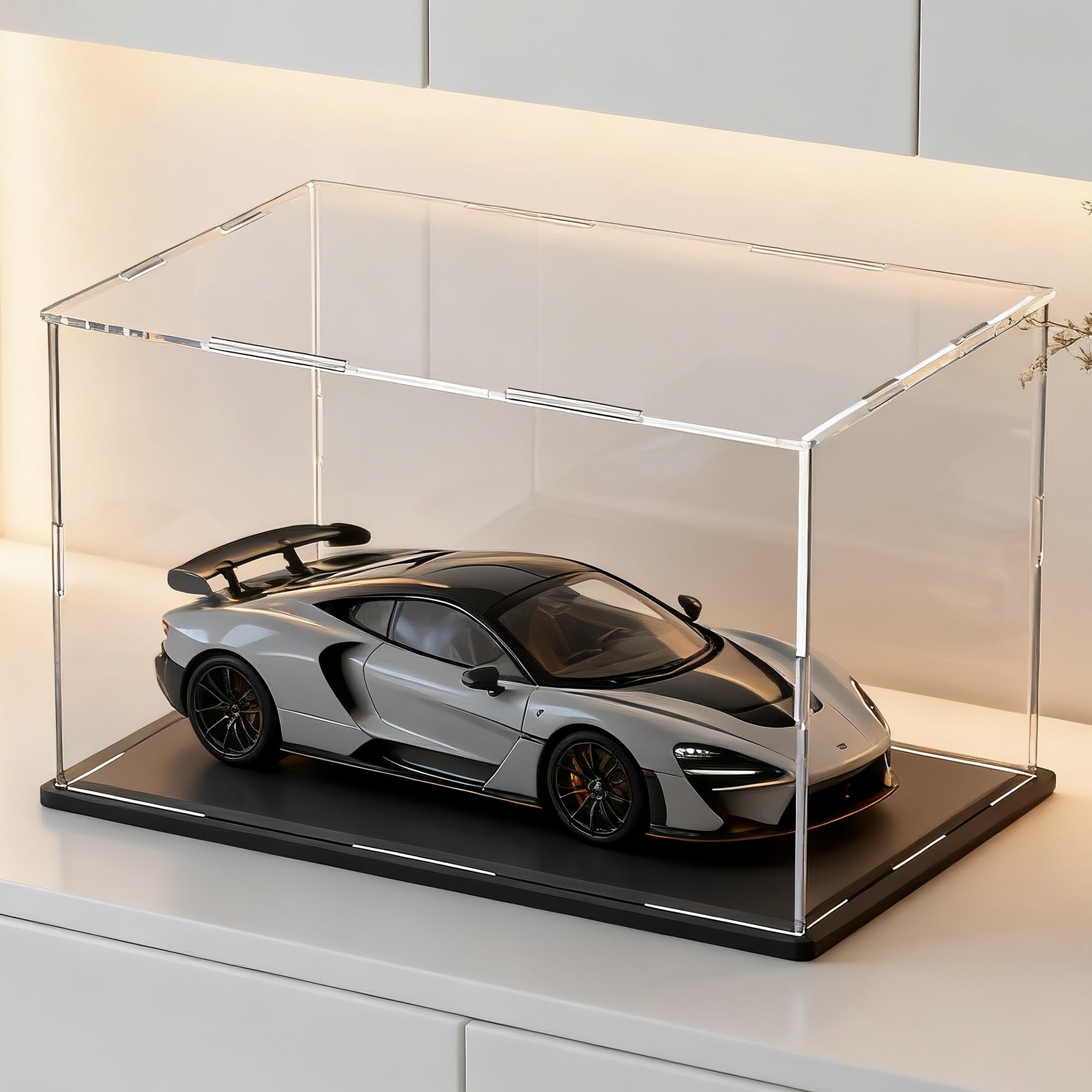 HOPEME Display Case 13x6.7x6.3 Inch, Acrylic Display Box for Collectibles, Dustproof Acrylic Display Case with Lid and Matt Black Base for Models and Action Figures