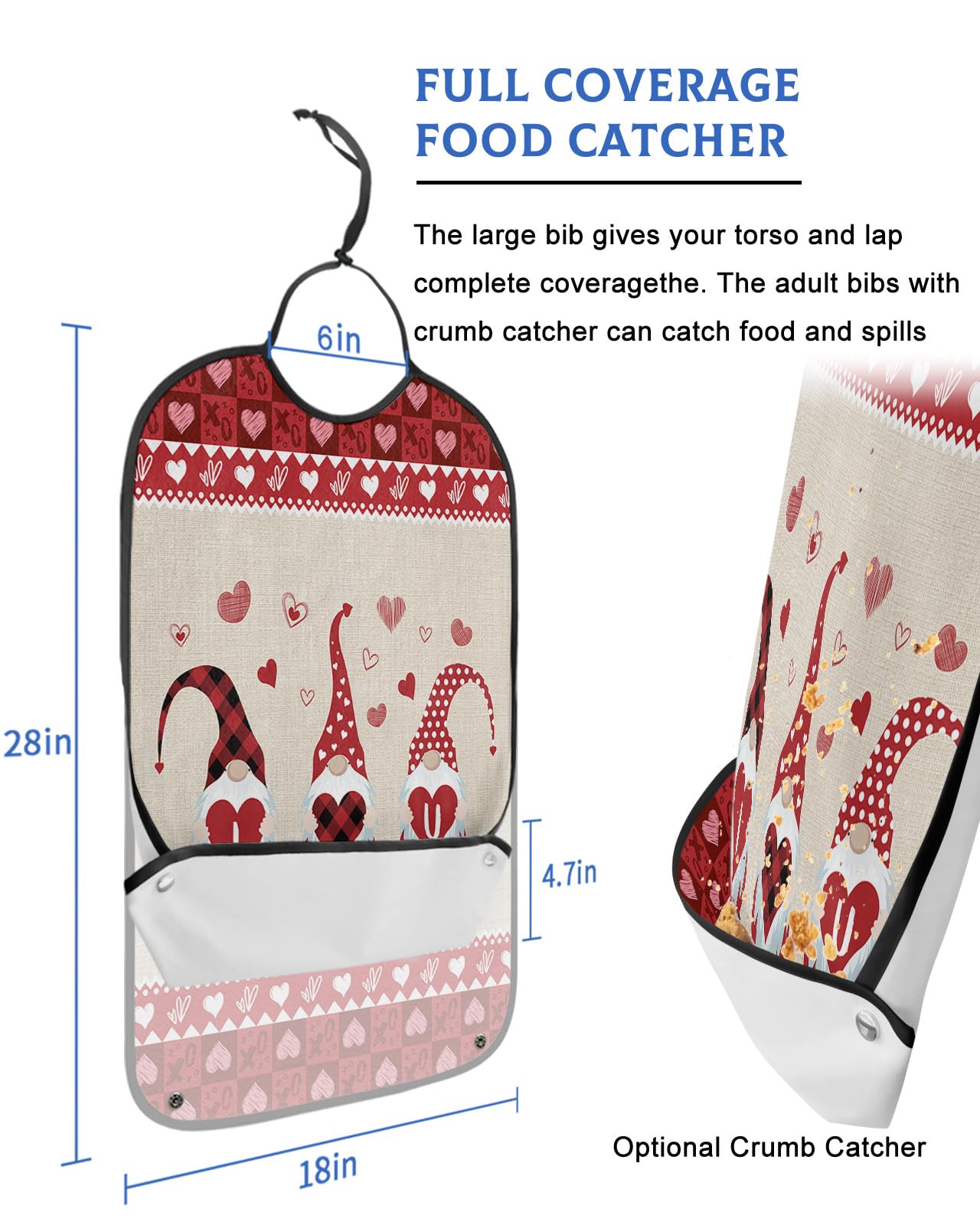 Valentines Day Adult Bibs for Eating, Waterproof Bibs with Food Catcher & Adjustable Snap Closure, Red Checkered Gnomes with Love Heart Washable Clothing Protectors Adult Bibs for Elderly Women/Men