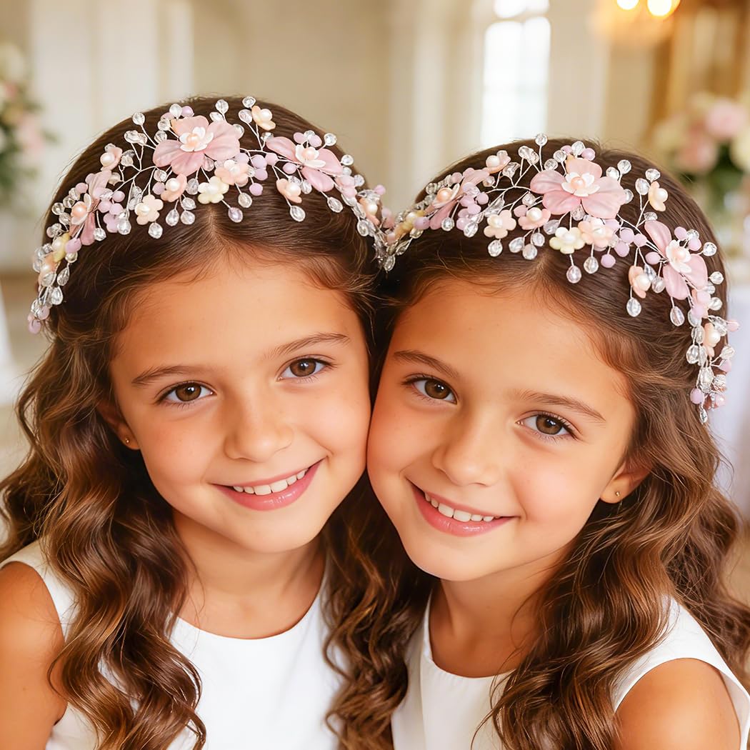 Campsis Flower Girls Hair Accessory Pink Floral Headband Crystal Wedding Bridal Headpiece for Women - Image 3