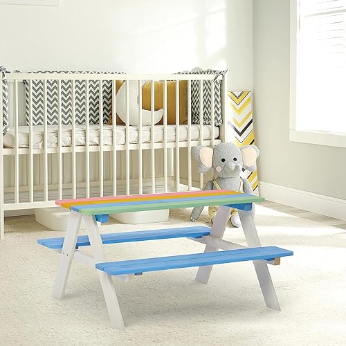 Miniatura 5 de BTEXPERT Banco de picnic para exteriores, juego de sillas de madera, mesa sensorial de actividades para niños, multicolor, 35 x 31 pulgadas,