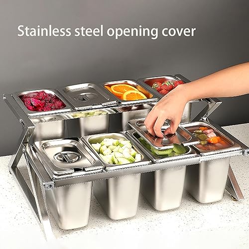 Miniatura 3 de Bandeja para servir condimentos de dos capas, 8 recipientes de condimentos de acero inoxidable con tapas y cucharones, juego de recipientes de