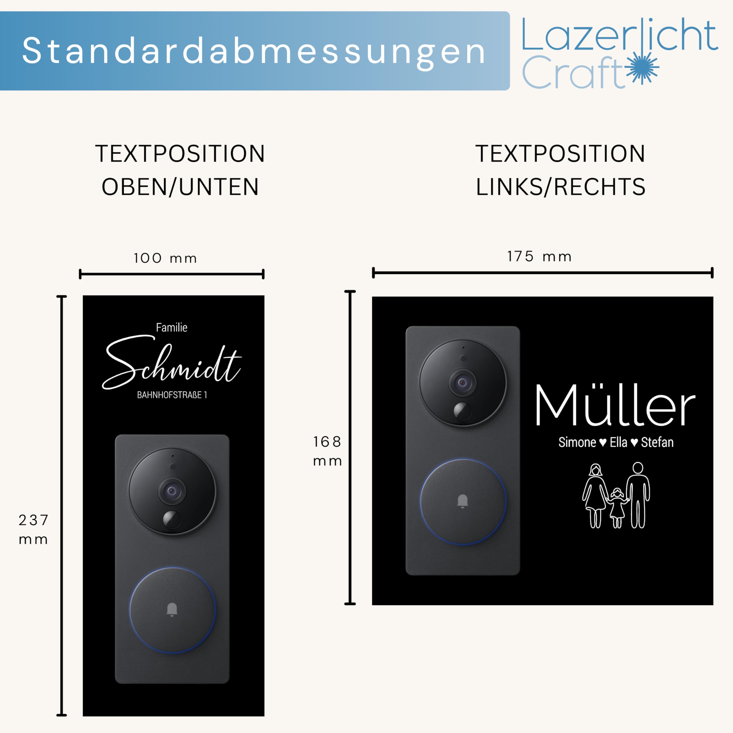 LazerlichtCraft Klingelschild für Aqara Video-Türklingel G4 und G410 personalisiert – Acrylglas Blende mit Wunschgravur – Schwarz glänzend oder Anthrazit matt – Türklingel Zubehör
