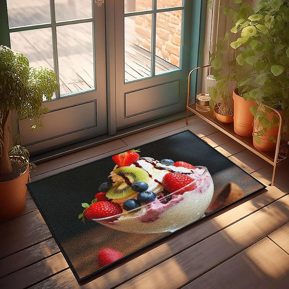Paillasson extérieur grand bureau au design bol en verre et fruits colorés