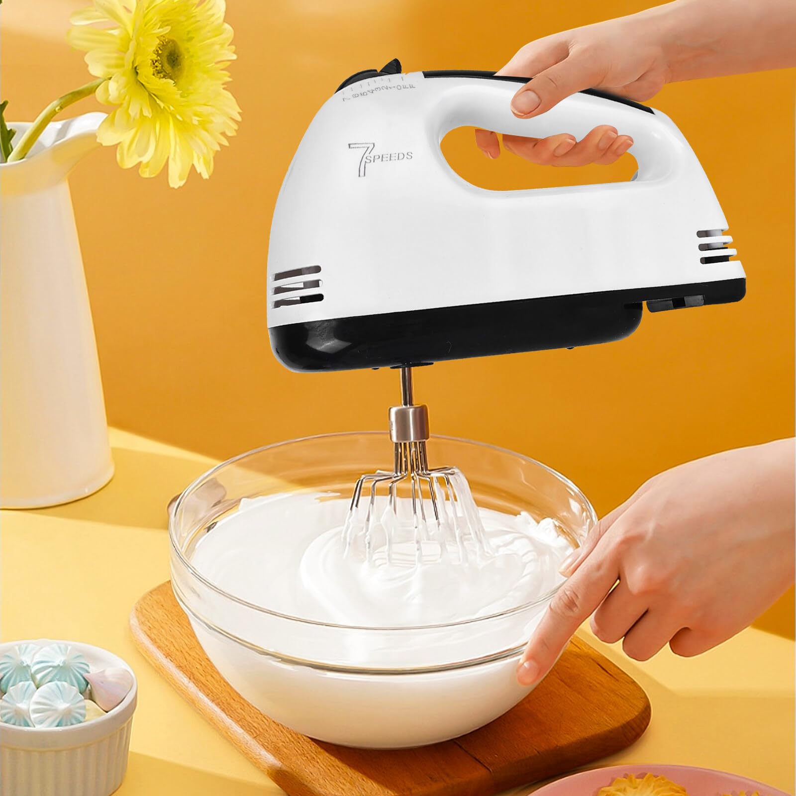 Batidora eléctrica de mano: batidora de mano de 7 niveles con mango ergonómico, batidor eléctrico con 2 varillas y 2 ganchos para amasar de acero inoxidable, 1 batidor y 1 separador de huevos, apto