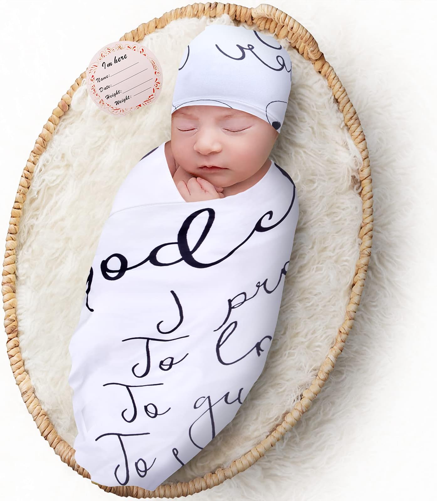 Elstey Nursery Receiving Swaddle Blanket for Babies Soft Newborn Swaddling Sleep Sack Hat Set, Stretchy Swaddles Wrap for 0-3-6 Months Boys Girls Infant, Hospital Newborn Photography Props (Bible)