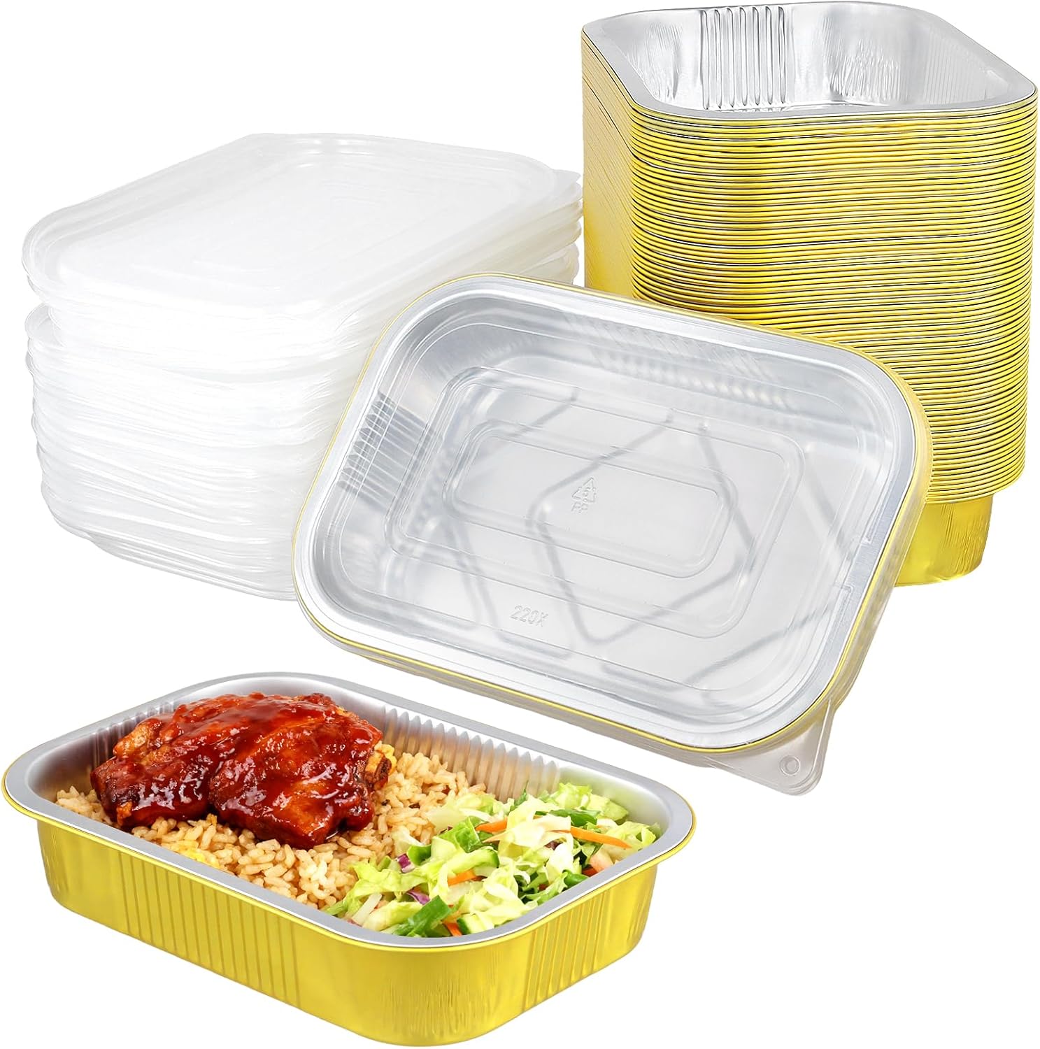 JAPCHET Aluminum Foil Containers with Lids, Mini Cake Pans with Lids, 70-Pack, 8.7x5.9x1.8 Inch, 35.5 oz, Inner Silver and Outer Gold, for Baking, Meal Prep, Freezer, Heating and Takeout