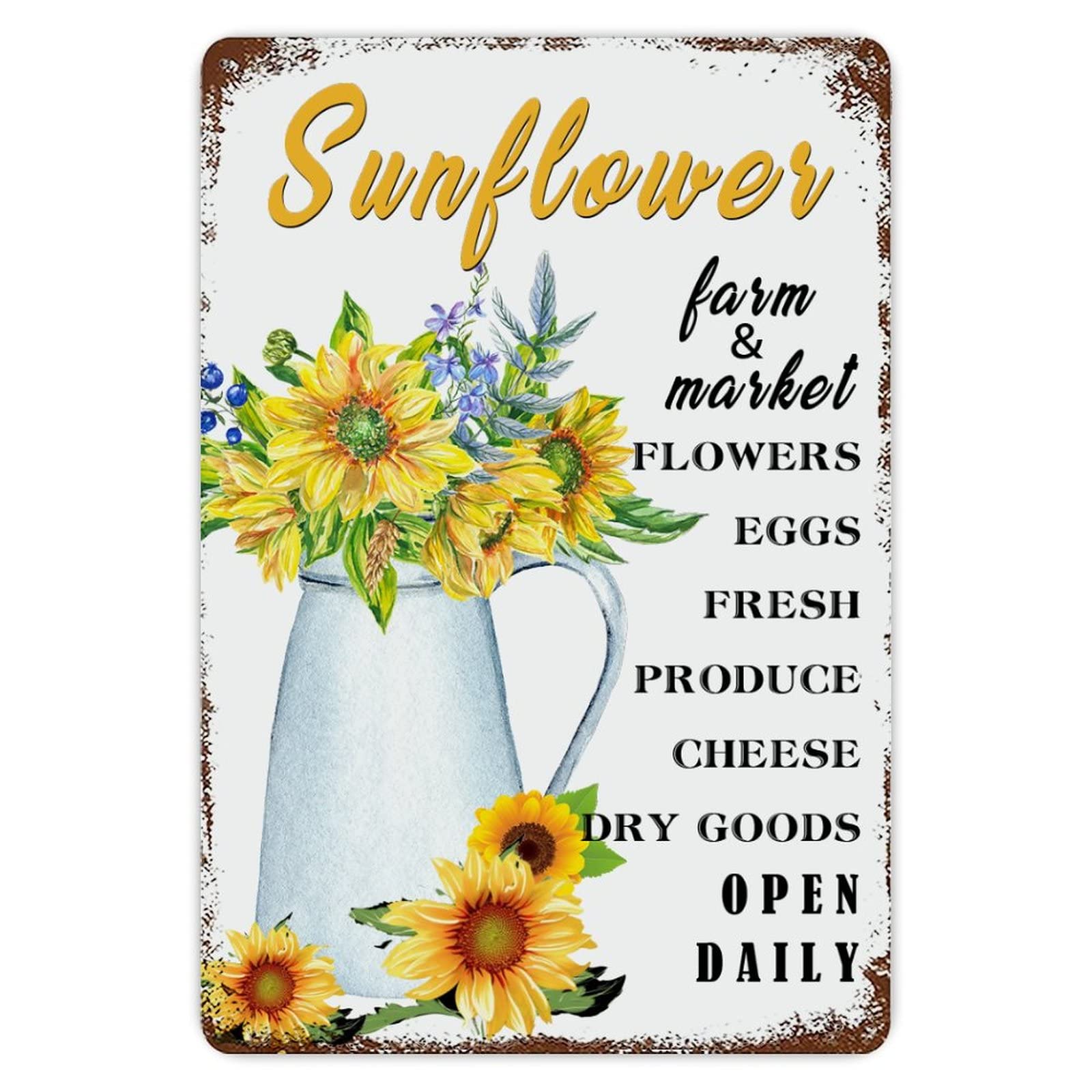 ENEDNATE Sunflower Farm Sign Flowers Eggs Fresh Open Daily Vintage Metal Tin Sign 8x12 inch Aluminum Sign for Kitchen Bars Restaurants Cafes Pubs Wall Decor