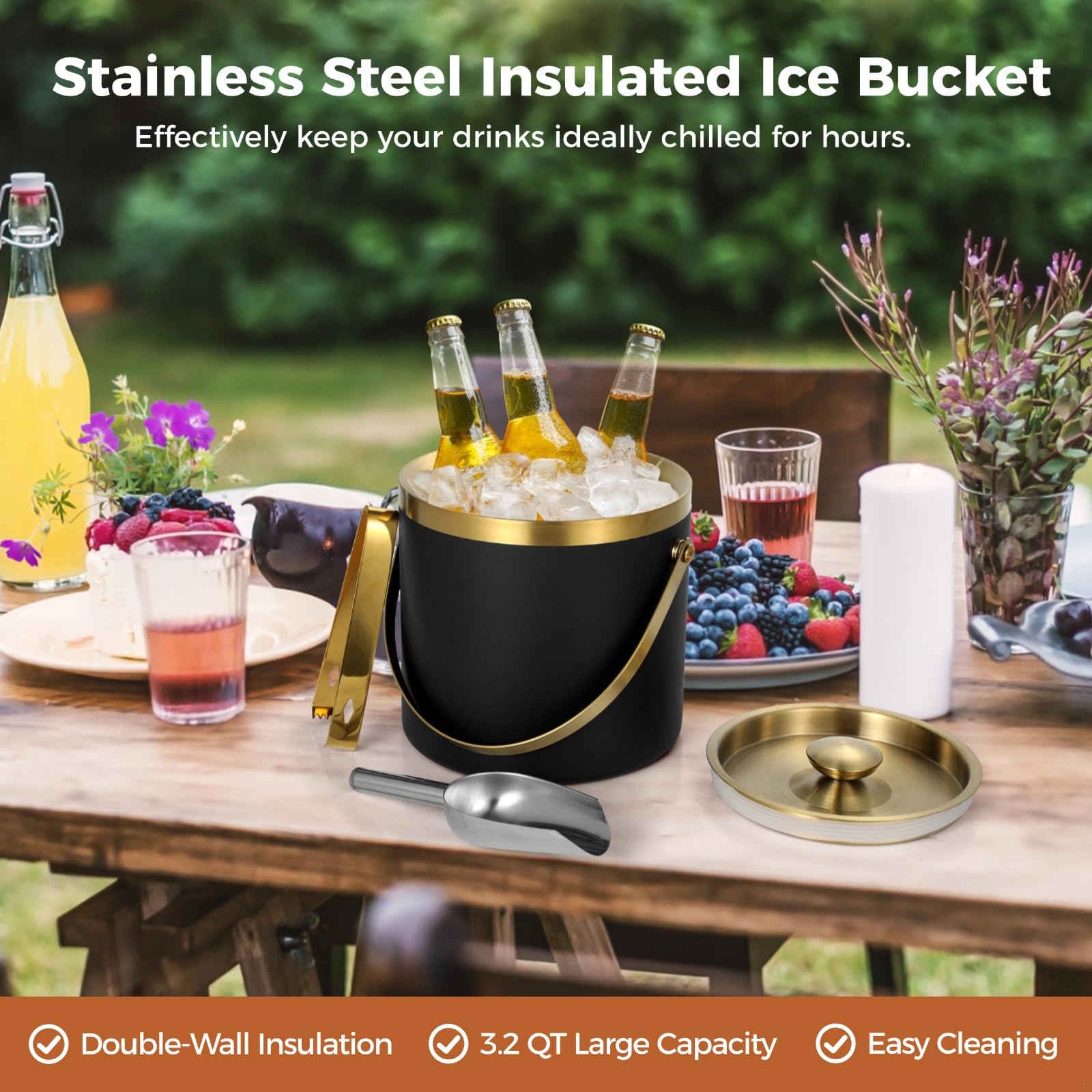 3L Edelstahl Eiskübel mit Dichtungsdeckel, Schaufel, Zange, Sieb, Metall Eisbehälter Groß Wein Eisbehälter, Doppelwand Isoliert, Ideal für Partys, Champagner, Bier