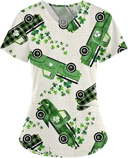 St. Patrick's Day Short Sleeve Scrub_Shirts Womens Green Nurse Working Uniforms Irish Shamrock Print V Neck Scrub_Tops