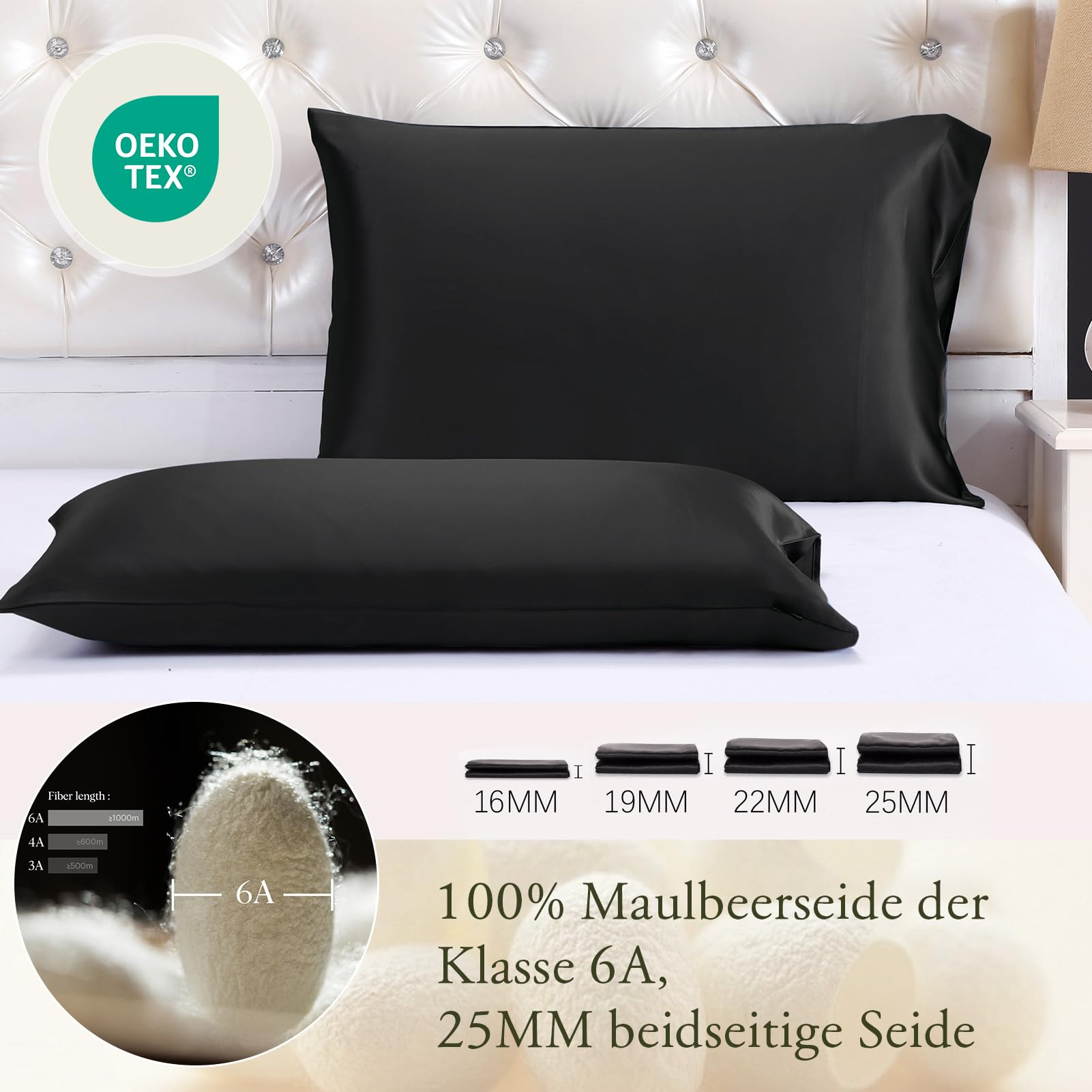 LilySilk Jedwabna poszewka na poduszkę, 25 momme, z zakładką, 1 sztuka, w 100% wysokiej jakości jedwab morwowy, opakowanie, wielokrotnego użytku, 80 x 80 cm, czarna