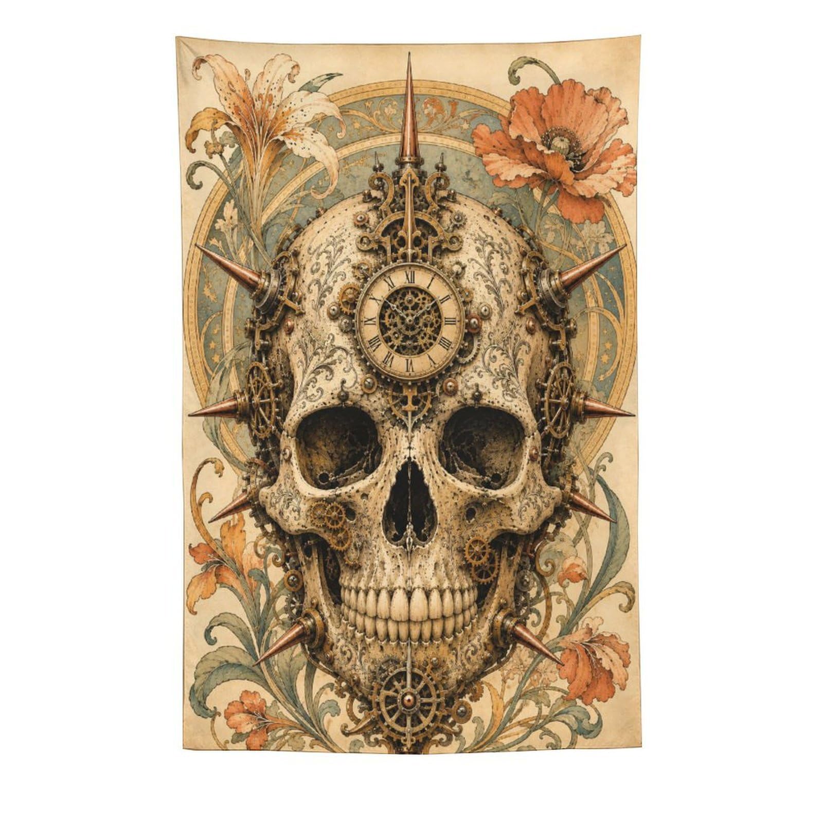 H3B8U2Y5 Ornate Skull with Flowers Wall Tapestry, Gothic Oil, Gothic Art