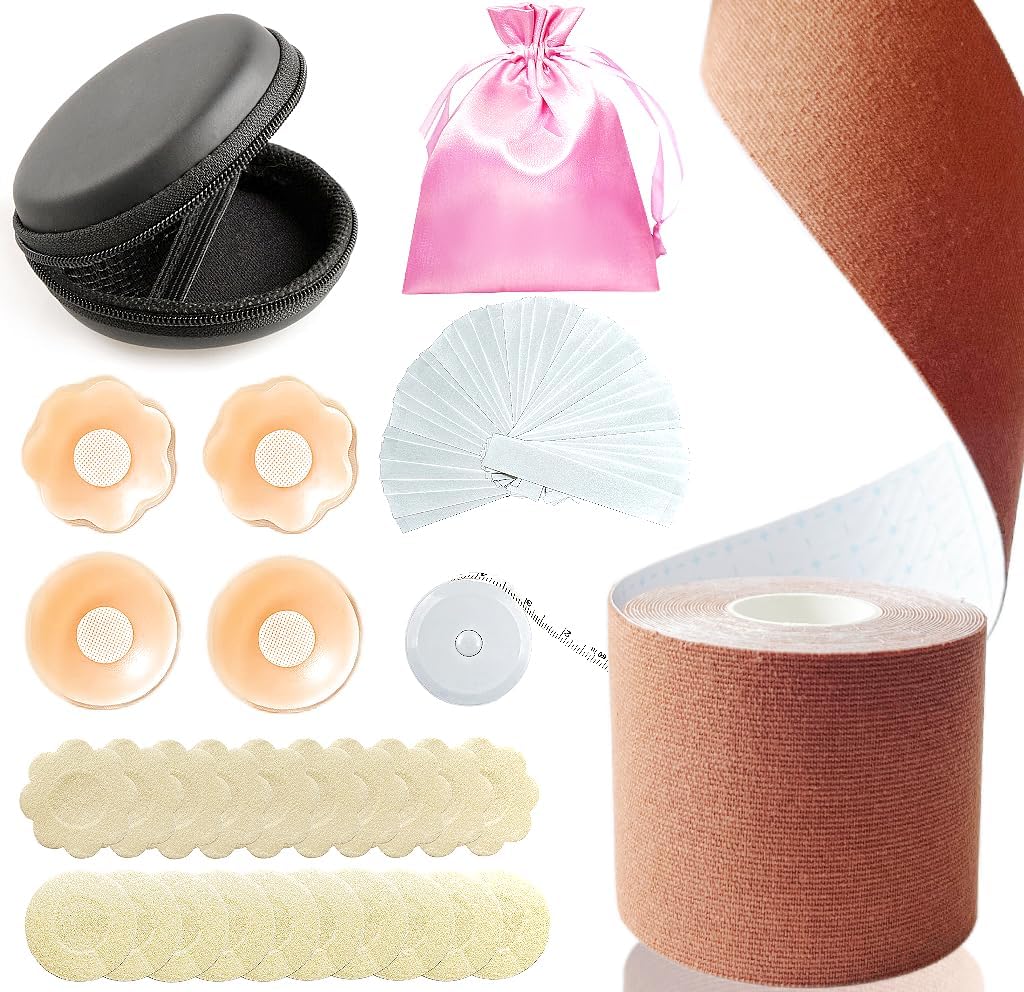 Boob Tape Kit - Boobytape for Breast Lift 1 Body Tape, 4 Pcs Silicone Breast Petals, 20 Pcs Satin Nipple Stickers, 36 Pcs Double Sided Tape, BoobTape for Large Breasts A-G Cup Multicolor