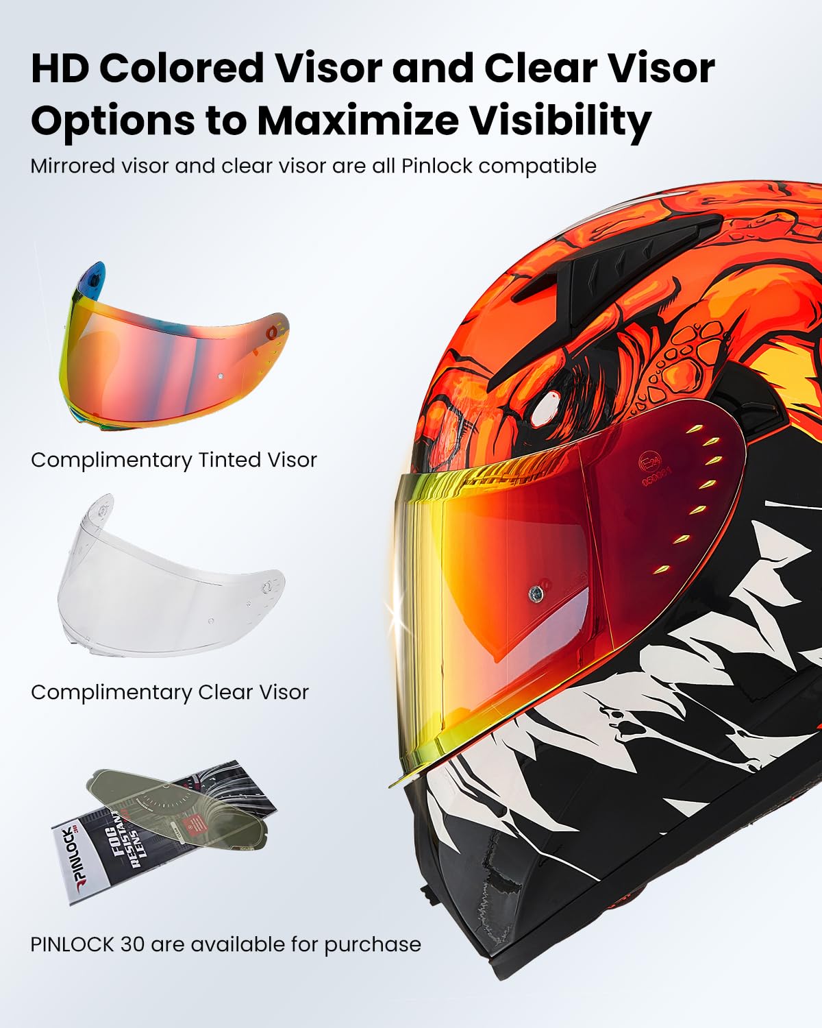 ILM Motorradhelm Integralhelm Herren Damen-Motorcycle Helmet mit 2 Visieren Pinlock-kompatiblen klaren und getönten-Street Bike Motocross Casco DOT&ECE Modell Z501,Lizzard Red,XL