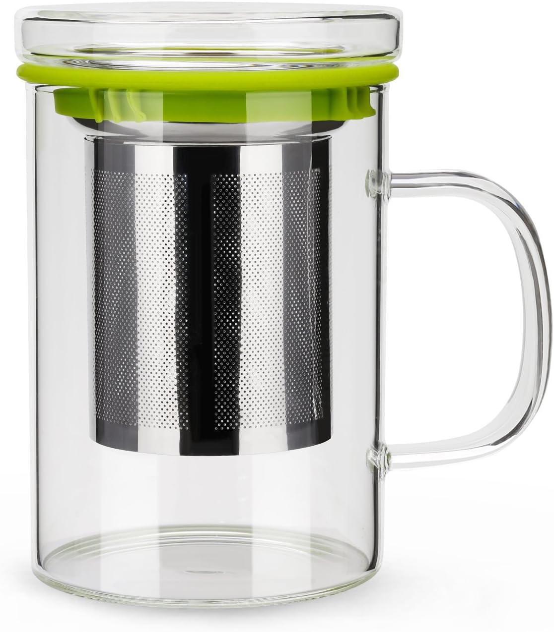 Tea Mug with Infuser and Lid for Loose Tea Brew. Made of Borosilicate Glass and Stainless Steel Strainer Wraps with a Green Silicone Band. 16.9oz, Functions as a Teapot or Teacup, BPA Free