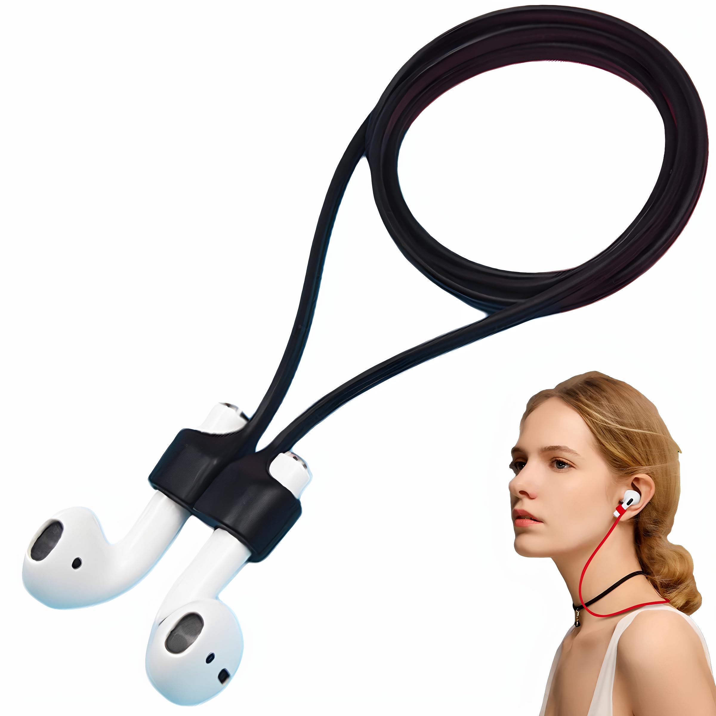 Niltpel Magnetic Anti-Lost Straps for AirPods,Colorful Soft Silicone Sports Lanyard, Neck Rope Cord (Black)