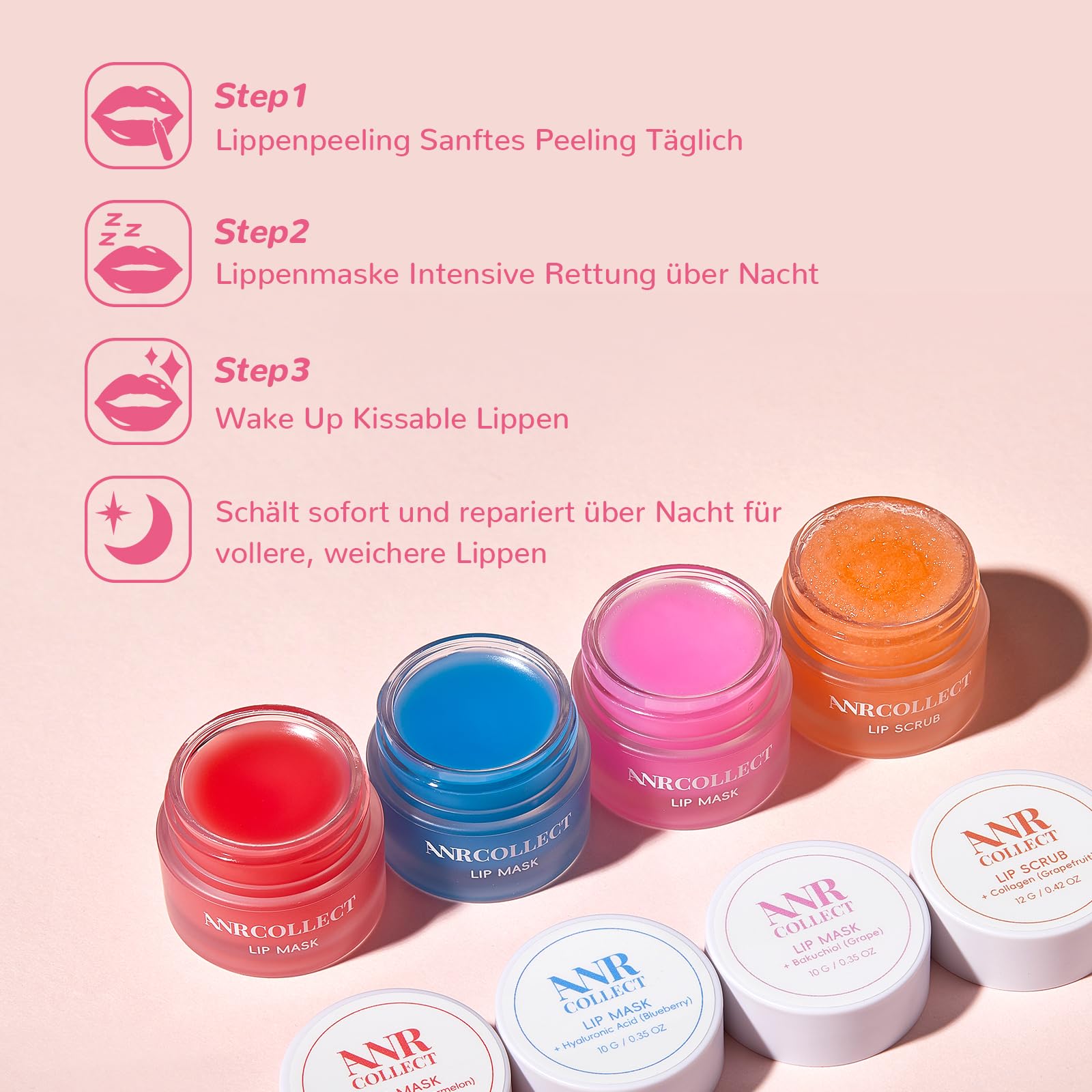 ANRCOLLECT Lippenmaske+ Lip scrub, Lippenpeeling, 4P Lippenpflege Set Mit 3 Lip Sleeping Mask, Lippenmaske Overnight, Lippenbalsam Set FÜR Trockene, Spröde, Rissige Lippen, Feine Linien & Falten | 1 Peeling Scrub + 3 Overnight Masken für weiche, hydratisi