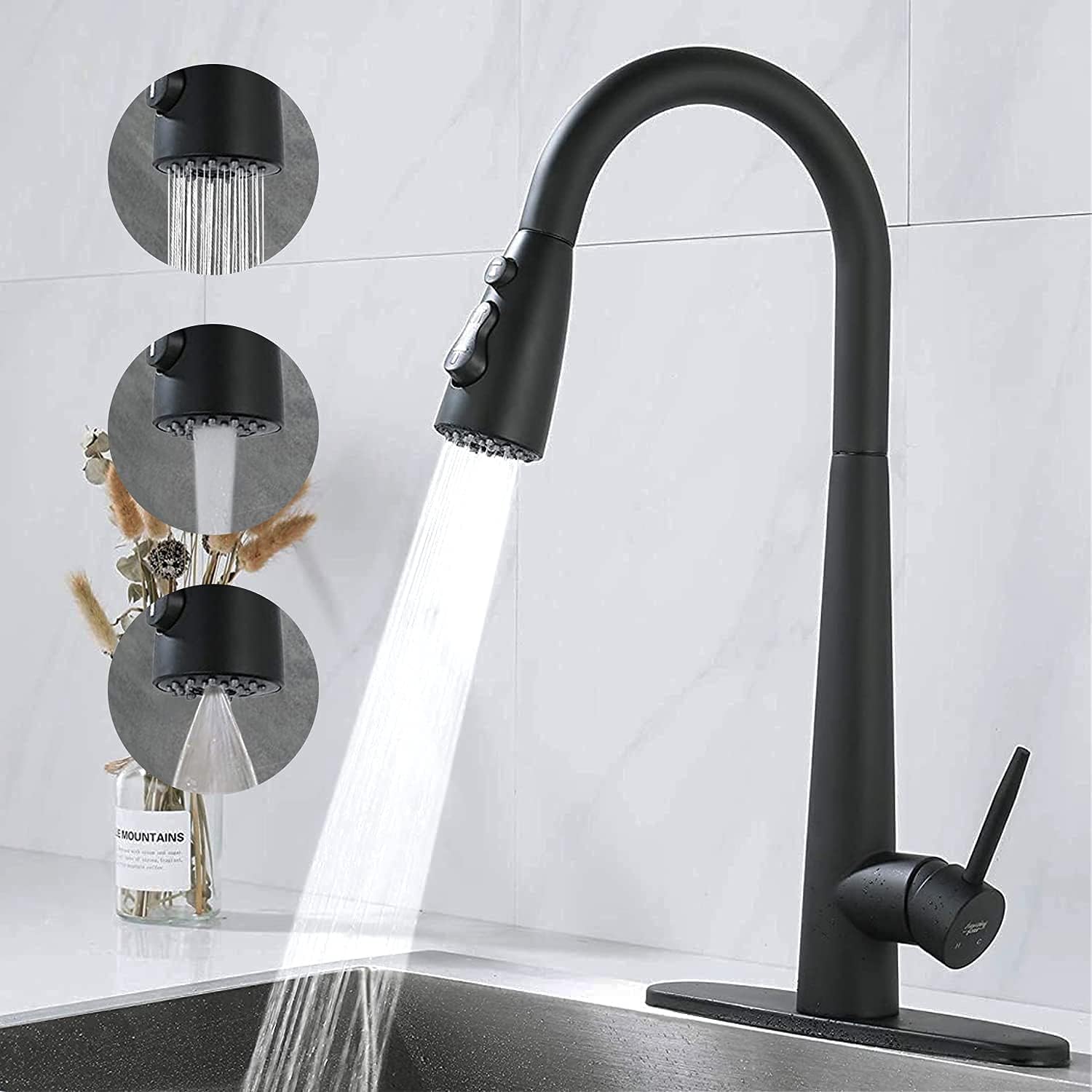 Up To 50% OFF AMAZING FORCE Matte Black Kitchen Faucet Pull Down Kitchen Faucets Stainless Steel Kitchen Faucet with Pull Down Sprayer Modern Single Handle Kitchen Faucet Mixer Tap 1.8 GPM